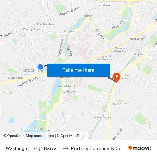 Washington St @ Harvard St to Roxbury Community College map