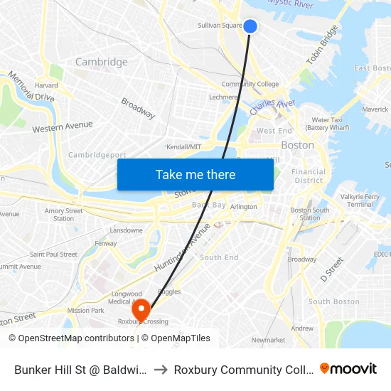 Bunker Hill St @ Baldwin St to Roxbury Community College map