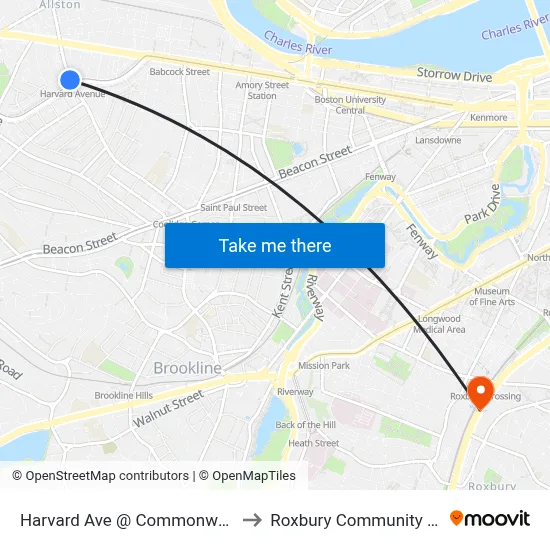 Harvard Ave @ Commonwealth Ave to Roxbury Community College map