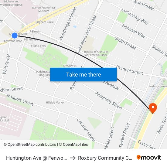 Huntington Ave @ Fenwood Rd to Roxbury Community College map