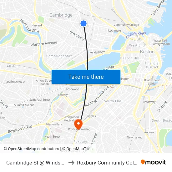 Cambridge St @ Windsor St to Roxbury Community College map