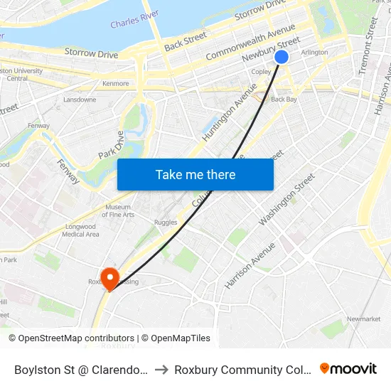 Boylston St @ Clarendon St to Roxbury Community College map