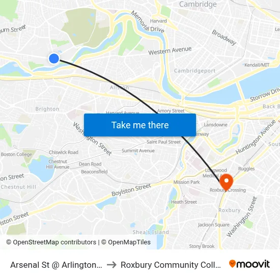 Arsenal St @ Arlington St to Roxbury Community College map