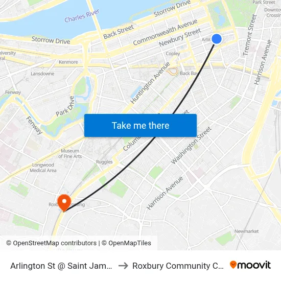 Arlington St @ Saint James Ave to Roxbury Community College map