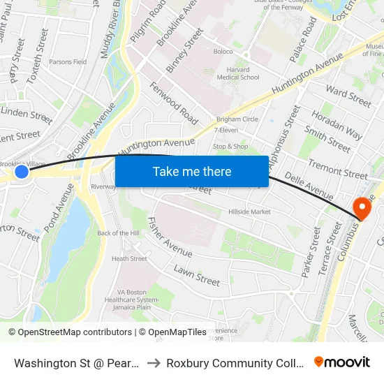 Washington St @ Pearl St to Roxbury Community College map