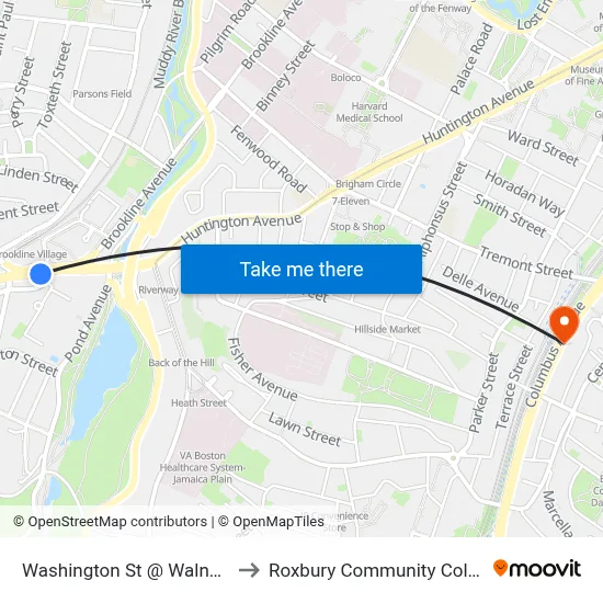 Washington St @ Walnut St to Roxbury Community College map