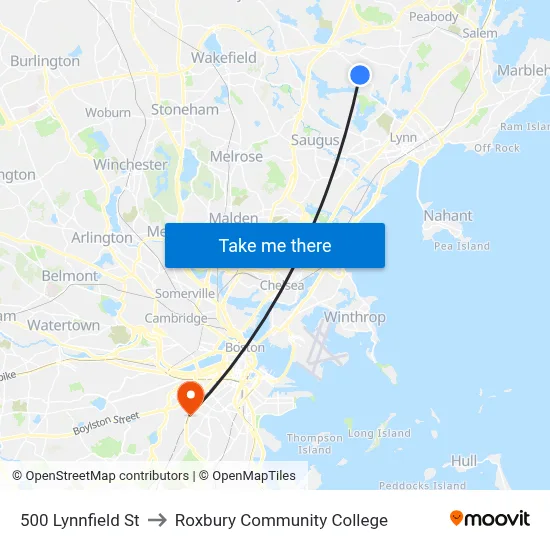 500 Lynnfield St to Roxbury Community College map