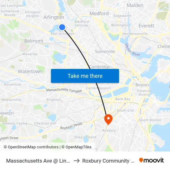 Massachusetts Ave @ Linwood St to Roxbury Community College map