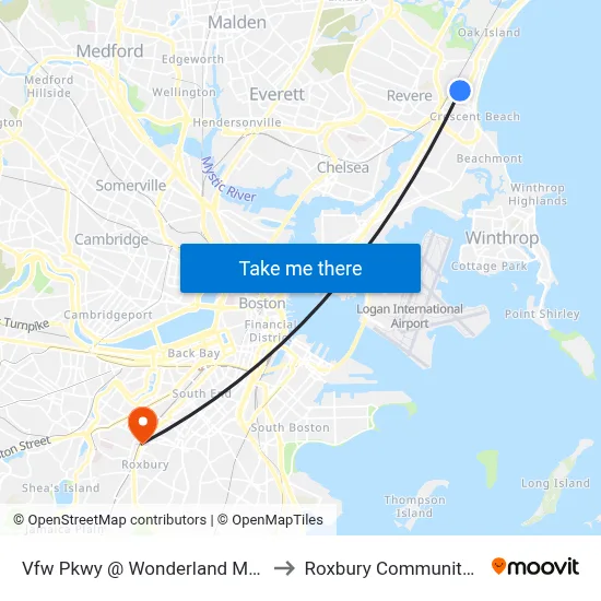 Vfw Pkwy @ Wonderland Market Place to Roxbury Community College map