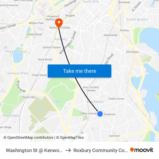 Washington St @ Kenwood St to Roxbury Community College map