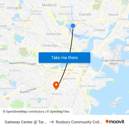 Gateway Center @ Target to Roxbury Community College map