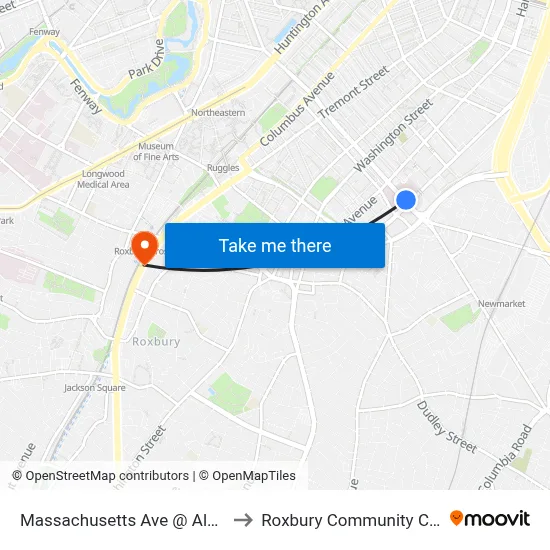 Massachusetts Ave @ Albany St to Roxbury Community College map