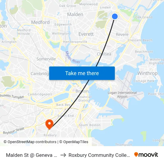 Malden St @ Geneva St to Roxbury Community College map