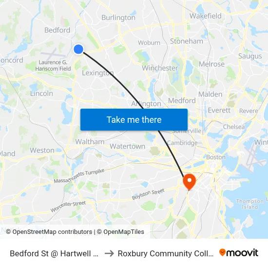 Bedford St @ Hartwell Ave to Roxbury Community College map