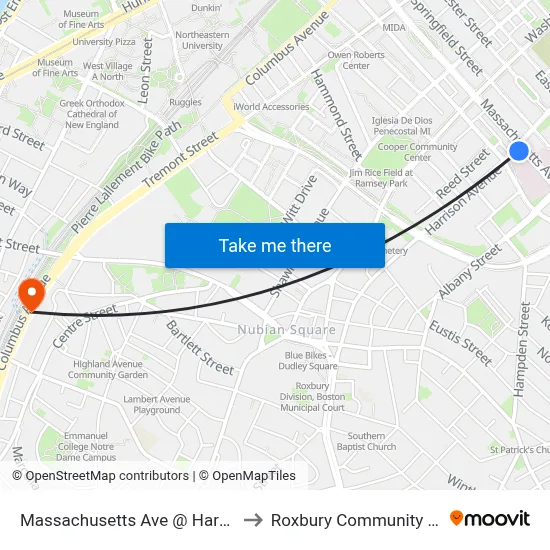Massachusetts Ave @ Harrison Ave to Roxbury Community College map