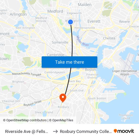 Riverside Ave @ Fellsway to Roxbury Community College map