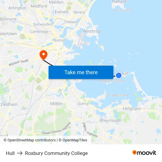 Hull to Roxbury Community College map