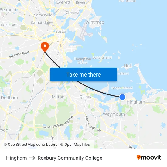 Hingham to Roxbury Community College map