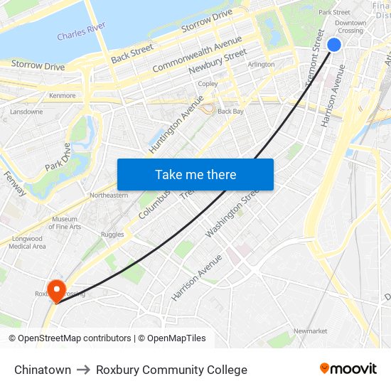 Chinatown to Roxbury Community College map