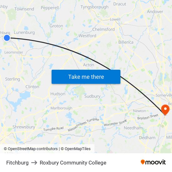 Fitchburg to Roxbury Community College map