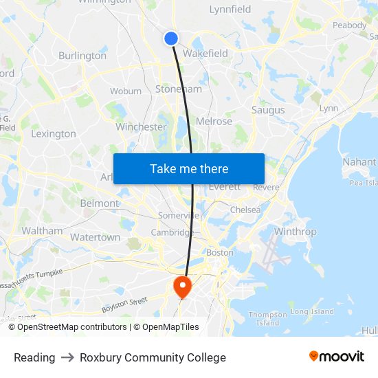 Reading to Roxbury Community College map