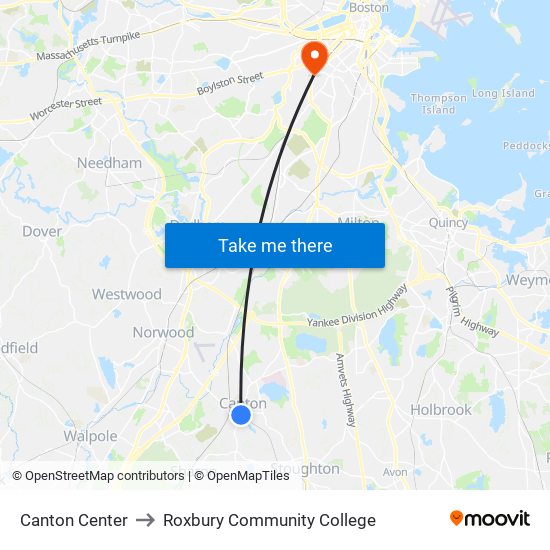 Canton Center to Roxbury Community College map