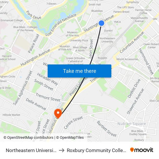 Northeastern University to Roxbury Community College map