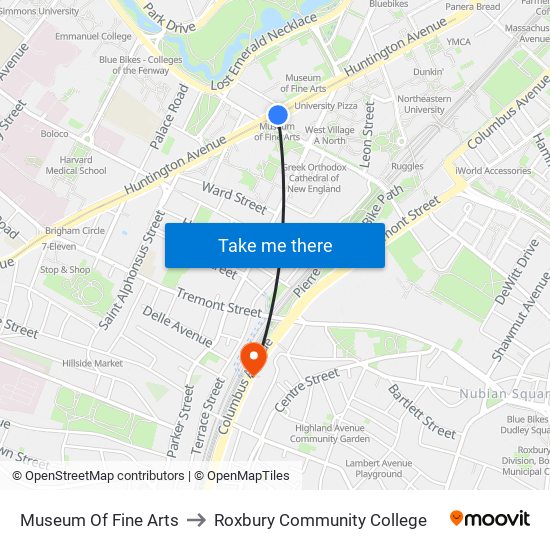 Museum Of Fine Arts to Roxbury Community College map