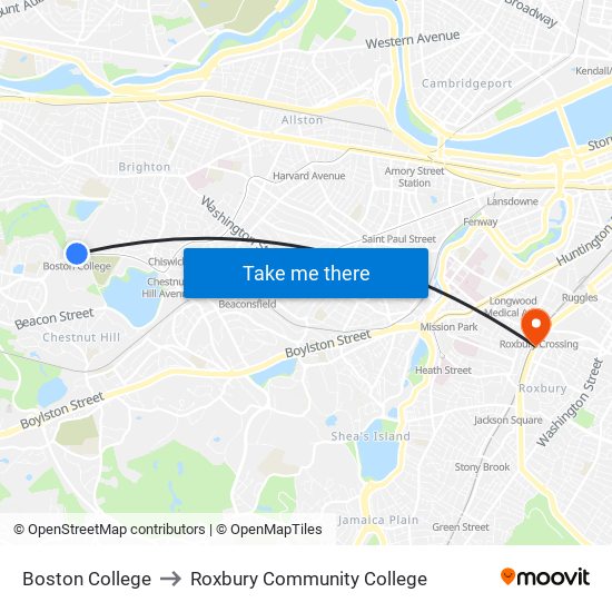 Boston College to Roxbury Community College map