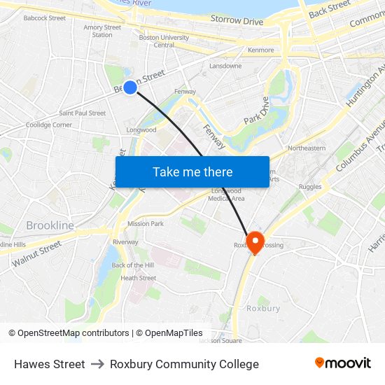 Hawes Street to Roxbury Community College map