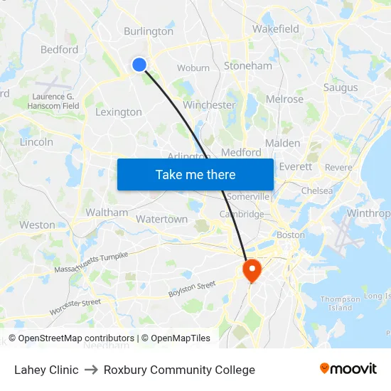 Lahey Clinic to Roxbury Community College map