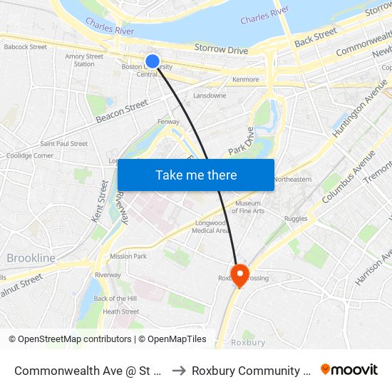 Commonwealth Ave @ St Mary's St to Roxbury Community College map