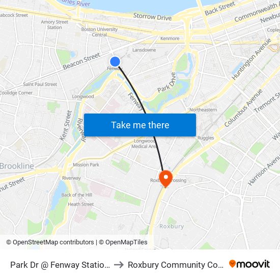 Park Dr @ Fenway Station SB to Roxbury Community College map
