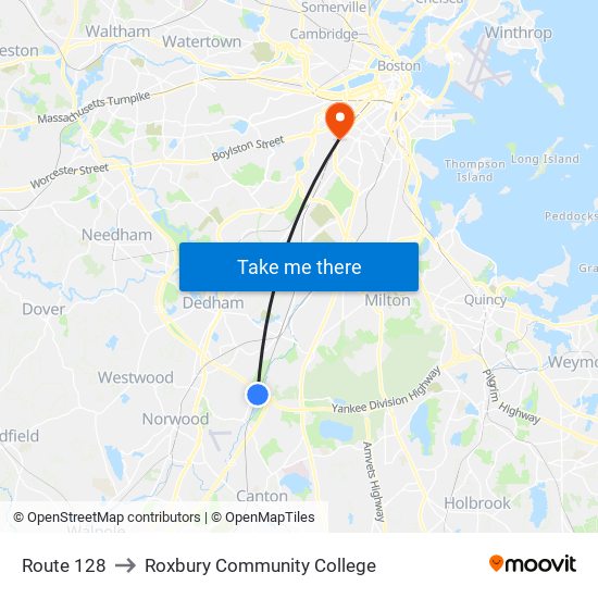 Route 128 to Roxbury Community College map