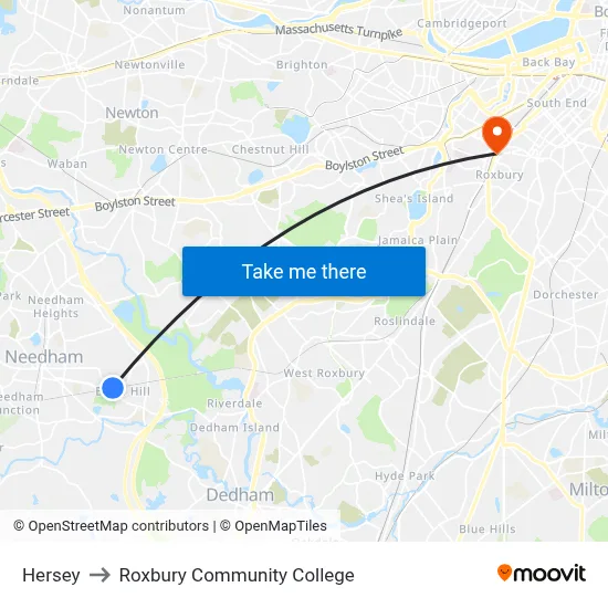 Hersey to Roxbury Community College map