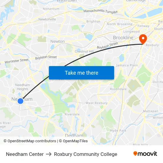 Needham Center to Roxbury Community College map