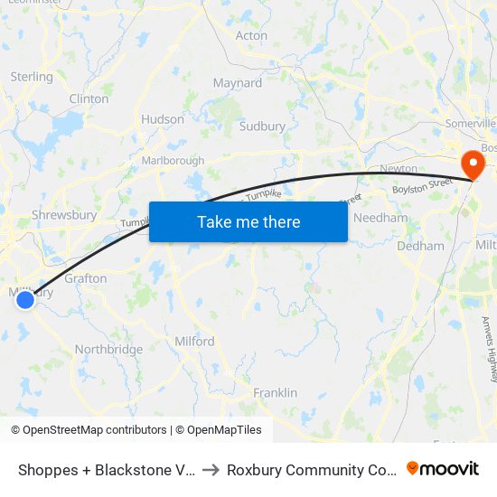 Shoppes + Blackstone Valley to Roxbury Community College map