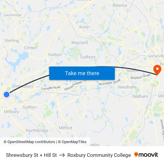 Shrewsbury St + Hill St to Roxbury Community College map