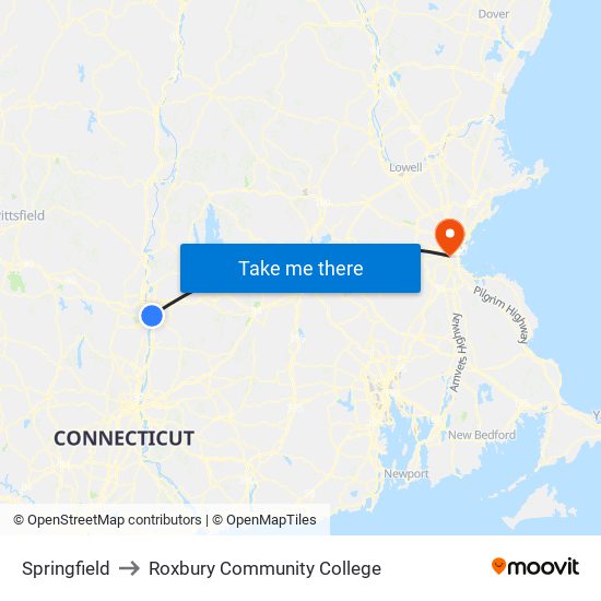 Springfield to Roxbury Community College map