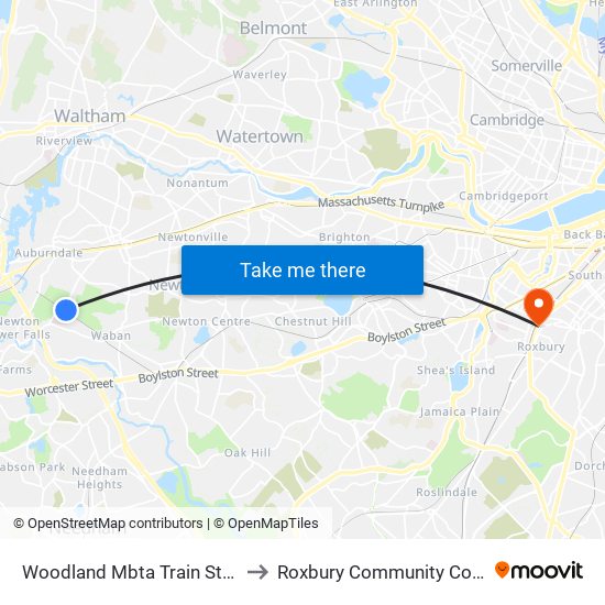 Woodland Mbta Train Station to Roxbury Community College map