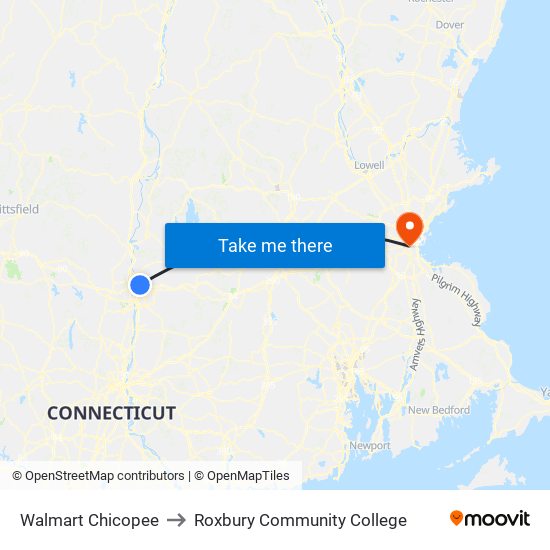 Walmart Chicopee to Roxbury Community College map