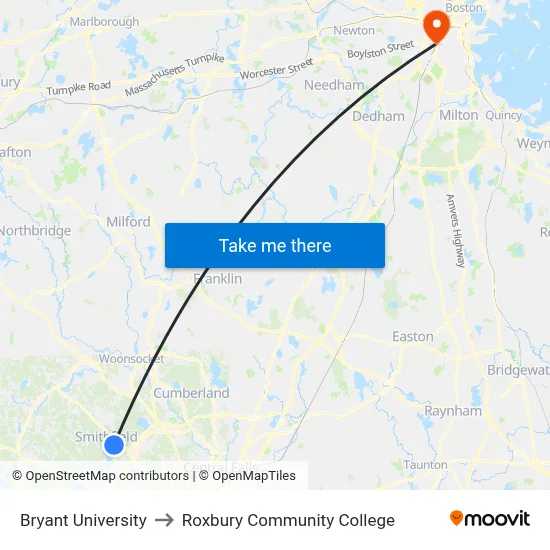 Bryant University to Roxbury Community College map