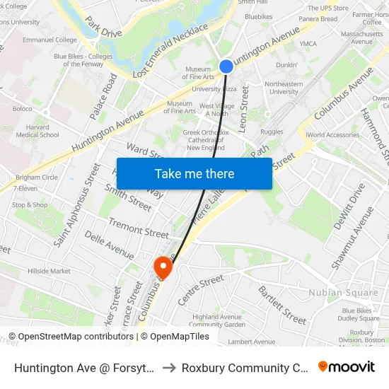 Huntington Ave @ Forsyth Way to Roxbury Community College map