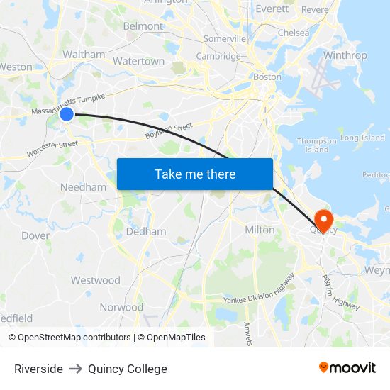 Riverside to Quincy College map