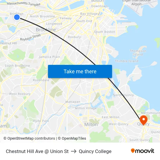 Chestnut Hill Ave @ Union St to Quincy College map