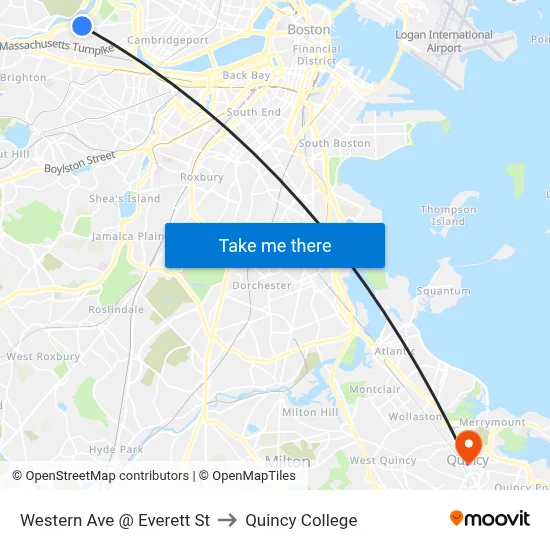 Western Ave @ Everett St to Quincy College map
