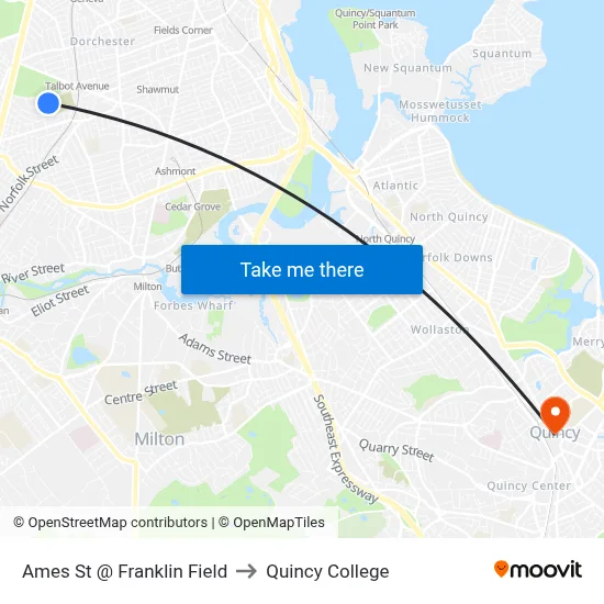 Ames St @ Franklin Field to Quincy College map