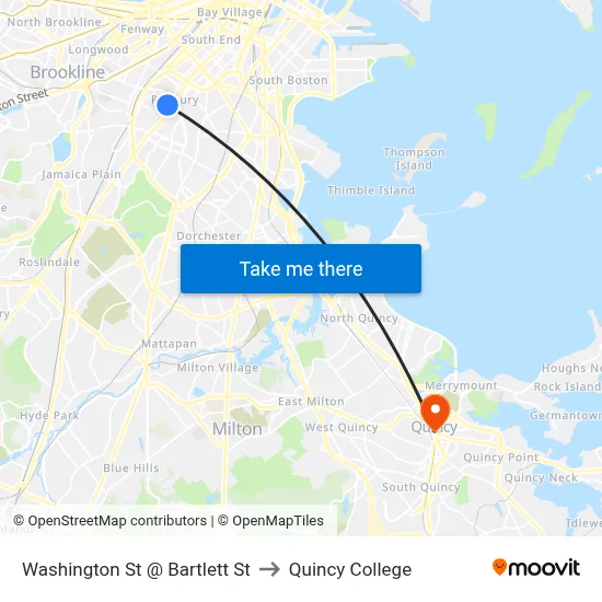 Washington St @ Bartlett St to Quincy College map