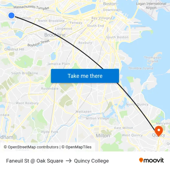 Faneuil St @ Oak Square to Quincy College map