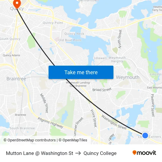 Mutton Lane @ Washington St to Quincy College map